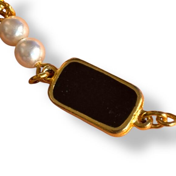Gold Black Rectangle Stone Bracelet With Faux Pearls Toggle Clasp Classic - Picture 3 of 6